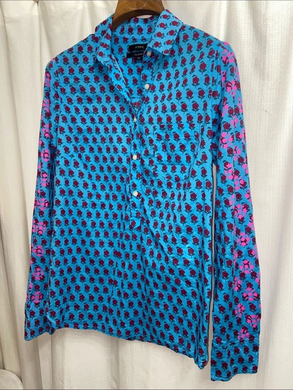 J. Crew Lightweight Cotton Turquoise Button-Down Shirt with Pink Floral Print